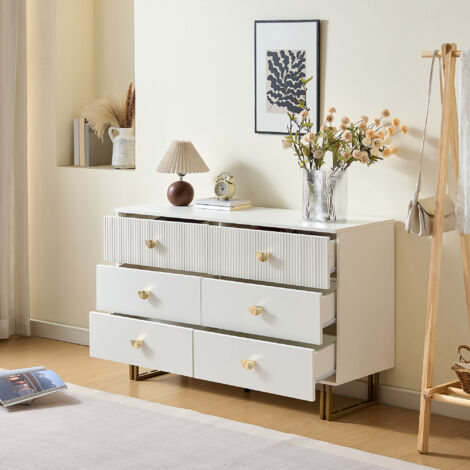 Cómoda con 6 Cajones y Patas de Acero, para Dormitorio, Salón o Recibidor, MDF Blanco, 120 x 40 x 75 cm