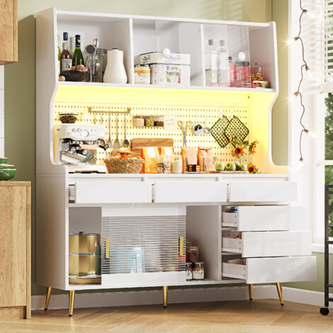 Armario Alacena Alto con Puertas Correderas, LED y Panel Perforado, para Cocina o Comedor, 145×39×171 cm (1/5)