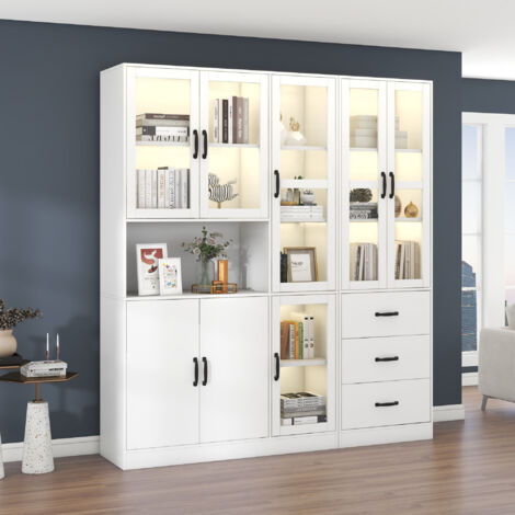 Vitrina con 8 Puertas y 3 Cajones, LED USB, Estilo Moderno, para Salon o Comedor, en Tablero, 180 × 40 × 200 cm