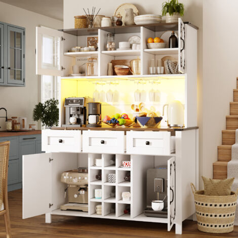 Aparador alto de cocina con 4 puertas y 3 cajones, LED, enchufes y USB, estilo rústico, MDF y vidrio, 120 x 40 x 170 cm (1/5)