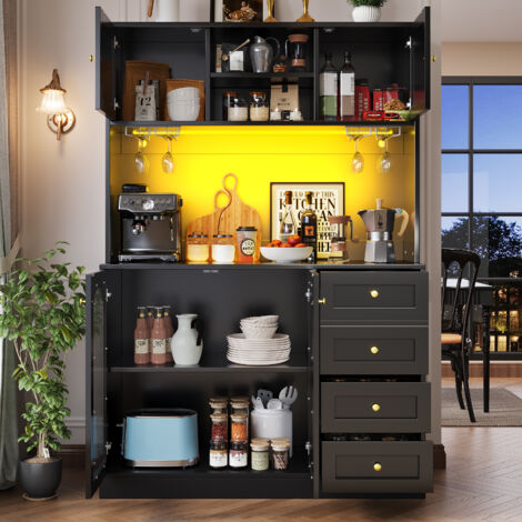 Aparador de Cocina con 4 Puertas, LED Ajustable y Sistema Antivuelco, para Cocina, MDF, Negro, 120×40×188 cm