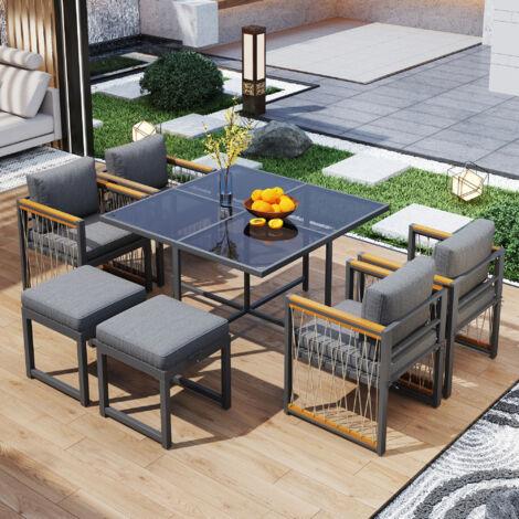 Conjunto de Mesa y Sillas de Jardín 1 Mesa, 4 Sillones y 2 Reposapiés para 6 Personas, Metal Poliéster Negro Natural