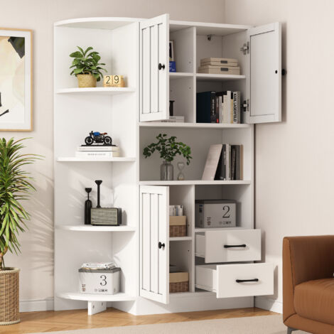 Vitrina Esquinera Librería con 3 Puertas, 2 Cajones y 6 Huecos Abiertos, para Salón, Tablero de Partículas, 104 x 35 x 155 cm