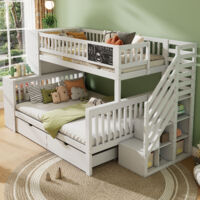 Litera 140×200 cm y 90×200 cm, Cama 3 Plazas con Escalera con Almacenaje, Armarios y Pizarra, sin Colchón, Blanco