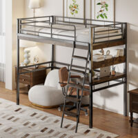 Cama Alta 90×200 cm, Cama Individual con Escritorio, Estanterías, Barandilla y Escalera, sin Colchón, de Metal, Negro