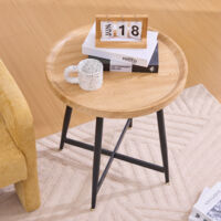 Mesa de Centro Redonda con Tablero Compacto y Patas de Metal Cruzadas, para Salón y Dormitorio, MDF, Madera Natural, 55×55×60 cm