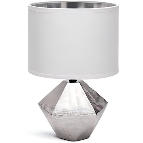 Lampe décorative avec base géométrique en céramique argentée, culot E14, style minimaliste et luxueux.