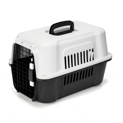 Cage de transport bicolore pour animaux de compagnie avec plateau hygiénique, ventilée et résistante. (1/3)