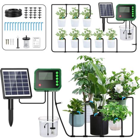 Kit Arrosage Automatique Solaire pour Jardin- Systeme Arrosage Automatique Goutte a Goutte avec Minuterie et Tuyau de - Systeme Arrosage Automatique pour Intérieur Exterieur Jardin Balcon Potager