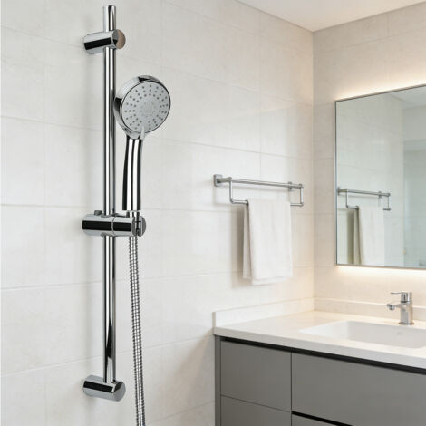 Ensemble Barre de Douche Sans Perçage avec Douchette 3 Jets, Flexible 70CM et Porte-Savon, Barre Douche Adhesif Mural Reglable, Kit Douche Salle de Bain Installation Facile Chrome