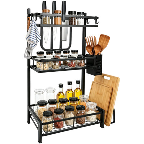 Rangement sous Évier,Etagère De Rangement sous Évier Étagère 2 Niveaux Matériau en Acier au Carbone épaissi,tagère à Épices avec Porte-ustensiles, Acier au Carbone (1/5)
