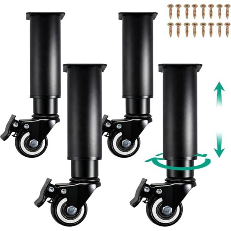 Lot de 4 pieds de meubles réglables en hauteur avec roulettes pivotantes à 360° - Pieds de table mobiles en métal pour canapé, lit, armoire, table, table de chevet (1/5)