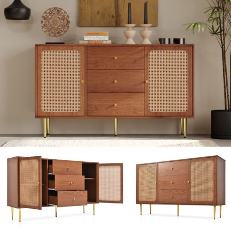 Commode à 2 portes et 3 tiroirs, en rotin, avec étagère réglable, pour salon ou chambre, en noyer - H 90/L 150/P 40 cm