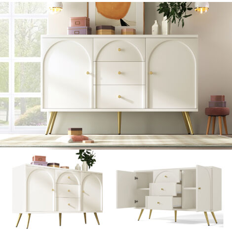 Commode à 2 portes et 3 tiroirs, blanche, étagère réglable, pour salon/chambre, blanc crème, H 84/L 140/P 40 cm