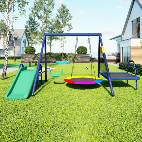Ensemble de balançoires d'extérieur multifonctionnel – avec toboggan, trampoline, balançoire nid rond et balançoire en plastique, sûr et durable, le meilleur choix pour une aire de jeux pour enfants