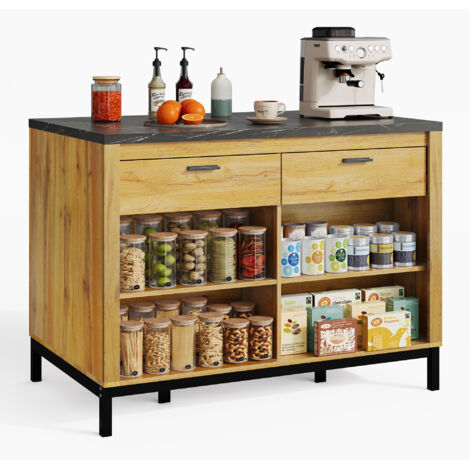 Îlot de cuisine style campagnard, 120 × 75 × 90 cm – avec 2 tiroirs et 4 étagères ouvertes, finition chêne, plan de travail en marbre noir, structure métallique, dosseret avec coin bar