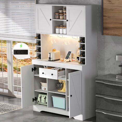 Meuble de cuisine, armoire haute, cave à vin avec étagères réglables, tiroir, porte-verres à vin en acier inoxydable, compartiments à bouteilles, éclairage LED multicolore et prises électriques, 180 × (1/5)