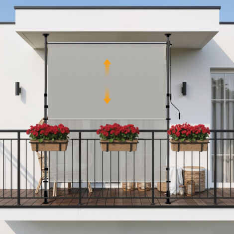 HOMEDEMO Senkrechtmarkise Außen, Vertikalmarkise ohne Bohren, Balkonrollo mit Einstellbare Handkurbel, Sichtschutz Sonnenschutz Windschutz, Garten, 200x(220-310) cm, Stoffbreite 185.5 cm, Grau