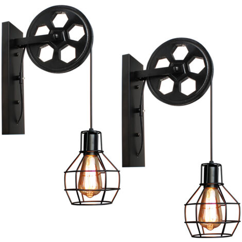 2x Applique Murale Industrielle Poulie Vintage Lampe de Mur Luminaire Intérieur pour Chambre Salon Restaurant,Noir