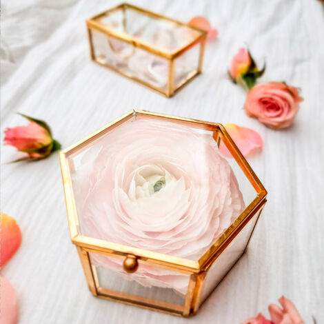 Skylantern – Boîte à bague mariage hexagonale en verre et métal – Présentoir bijoux 10,5x9,5x5 cm – Finitions dorées pour fiançailles et demande (1/5)