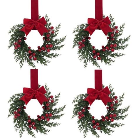Lot de 4 mini couronnes de Noël artificielles de 26 cm avec ruban rouge pour armoire de cuisine, petites couronnes de Noël, pendentifs pour mur, fenêtre, porte d'entrée, décoration de mariage (1/5)