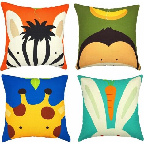 45 x 45 cm Lot de 4 en Coton et Lin Imprimé Enfant Dessin animé Zèbre Lapin Singe Girafe Housse De Coussin carré pour Lit Voiture De La Maison Canapé (1/5)