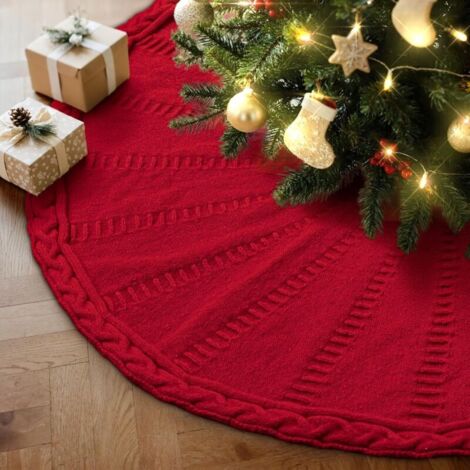 Jupe de Sapin de Noël Tricotée 90cm, Tricot Torsadé Tapis de Sapin de Noel Grand Couvre-Pied d'arbre Décorations d'arbre Rustiques pour Décoration d'intérieur pour fêtes d'hiver (Rouge) (1/5)