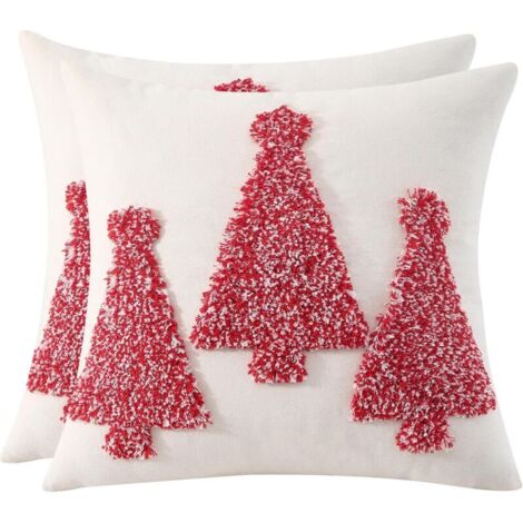 Housse de Coussin en Coton et Lin Noël Sapin Rouge Touffeté Deco 45x 45CM Taie d'oreiller Joyeux Xmas Arbres de Noël Décorative d'hiver pour Canapé Lit Chaise Salon Maison 2 Pièces (1/5)