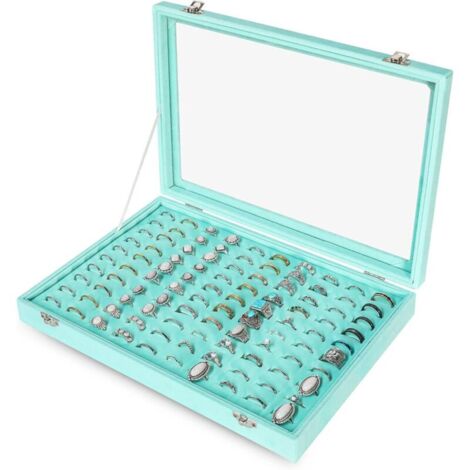 Plateau de rangement de bagues en velours avec couvercle transparent - 100 emplacements pour bijoux - Présentoir à bagues pour femme (turquoise) (1/5)