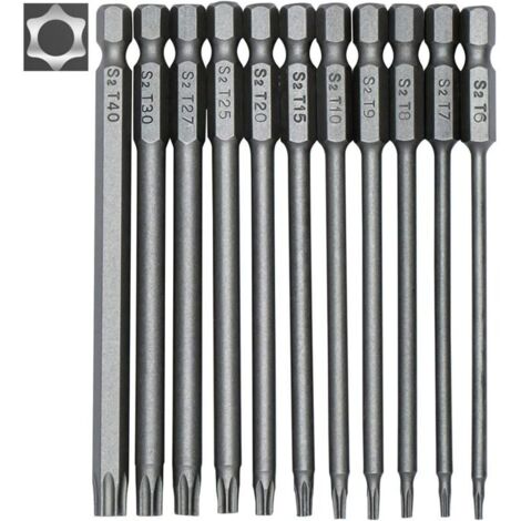 Longueur 100 mm - Jeu de 11 embouts longs pour tournevis et visseuse électrique - Embouts magnétiques - Tige hexagonale de 1/4" - Tailles T6 à T40 (1/5)