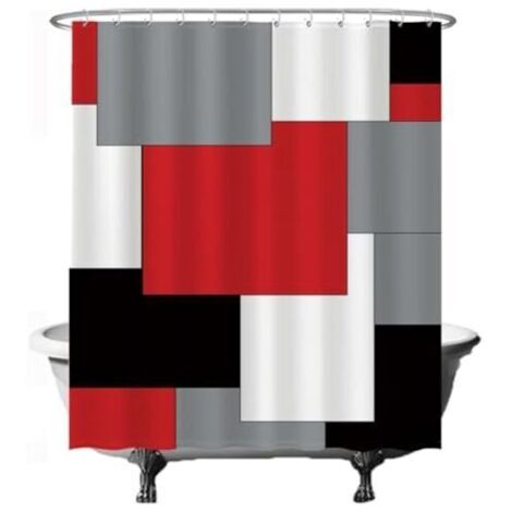 CSPARKV Rideau de Douche - Rectangle Carré - 180 x180cm - Lavable - Anti Moisissure - avec 12 Anneaux - Rouge Gris Noir Blanc (1/4)