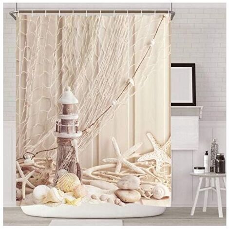 CSPARKV Rideau de douche à passants en tissu textile - 120180 - Motif Coquillages - Impression numérique - Fibre polyester - Anti-moisissure - Beige (1/4)