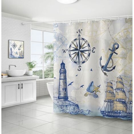 Rideau de Douche Nautique Phare Voilier Boussole Ancre 180 x 180 cm Rideau de Bain Tissu Polyester Anti Moisissure Imperméable Lavable Rideau Salle de Bain (1/3)