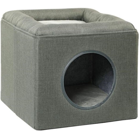 Maison Niche pour Chat 2 Niveaux avec Coussin Moelleux en Peluche, 36,5 x 36,5 x 33 cm Gris (1/5)