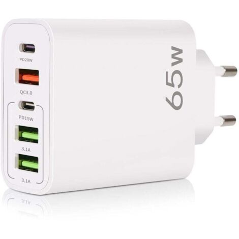 Chargeur USB C, 65W 5 Ports Chargeur USB C avec Chargeur Rapide Intelligent QC 3.0, Adaptateur d'alimentation USB pour iPhone 15 14 13 12 11 Pro Max SE 2020 XS XR 8 7, Samsung (1/4)