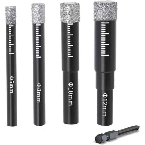 Lot de 4 forets diamantés pour carrelage 6/8/10/12 mm - Foret en carbure de tungstène pour céramique, granit, verre, porcelaine, carrelage, carrelage dur, grès cérame, marbre, avec poignée hexagonale (1/4)