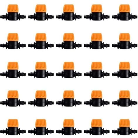 25 Pièces 4/7 Vanne D'irrigation, Mini Valves de Contrôle pour Tuyau d'arrosage 4/7mm, Valves d'arrêt Cannelées 1/4 Pouce Tuyau d'irrigation Goutte à Goutte, Mini Tuyau Vanne d'eau Travers (1/4)