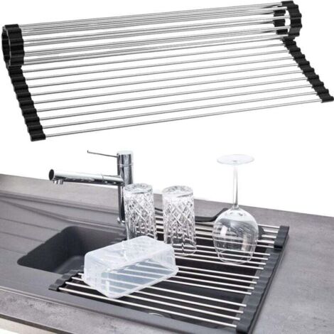Egouttoir Vaisselle Pliable INOX Plastique Noir 37cm, Egoutoire Rangement Cuisine Porte Assiettes,Adaptable sur Evier,Anti-Dérapant et Résiantant a la Chaleur,Séchoir Couverts. (1/4)