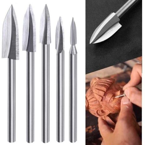 Mèches de Gravure sur Bois, 5 Pcs Ensemble d'Outils de Sculpture pour Accessoires d'Outils Rotatifs avec une Tige de 1/8 pouce Adaptation Universelle pour Outils Rotatifs (1/4)