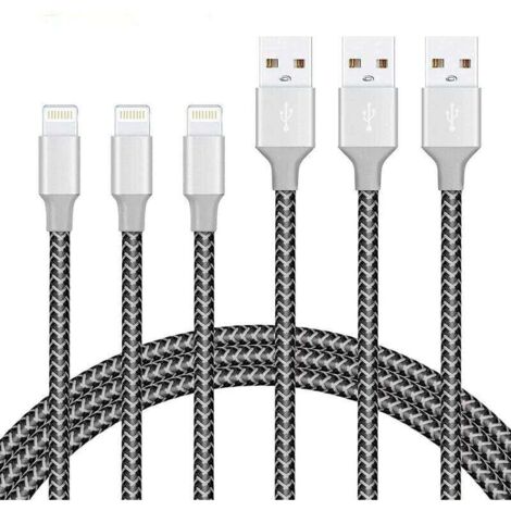 Lot de 3 câbles Lightning de 1,8 m, câble de chargeur iPhone tressé en nylon certifié MFI - Noir (1/2)