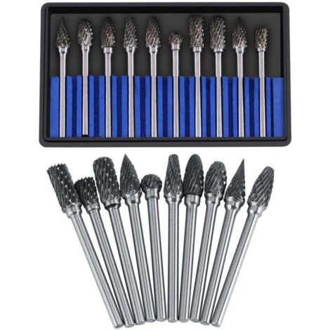 Jeu De Fraises En Carbure Fichiers Rotatifs Acier Au Tungstène 10pcs Diamètre Tête Coupe Pour Fraise 3mm Tige 6mm La Perceuse à Découper Découpage Métal Polissage Gravure Perçage(double Cut) (1/4)