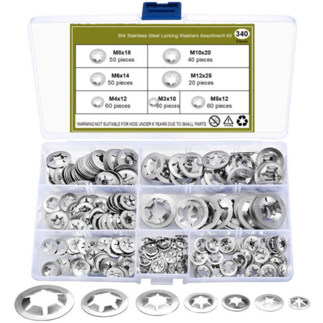 Lot de 340 rondelles de sécurité, rondelles à verrouillage rapide à dents intérieures, kit assortiment de circlips - M3/M4/M5/M6/M8/M10/M12, couleur argent (1/5)