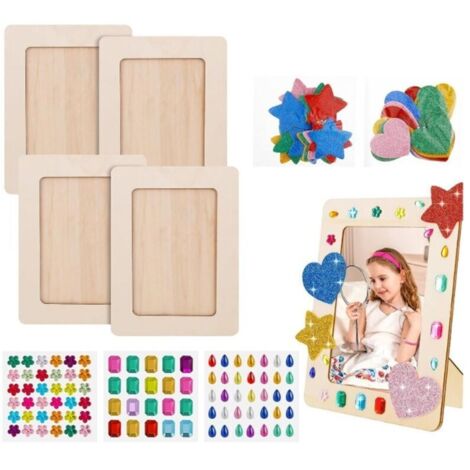 4Pcs Cadres Photo en Bois A6, 14x19cm Cadre Photo en Bois Vierge, DIY Cadre Photo avec des Autocollants en Forme de Diamant et Poudre D'or pour Enfant Créatif Projet de Dessin DIY, Affichage de Table (1/5)