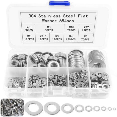 684 Pièces Rondelles Metal, Rondelles Plates Inoxydable, Rondelles Entretoises Rondes avec 1 Boîte D'Assortiment, pour L'étanchéité Vis et Boulons, 9 Tailles - M2 M25 M3 M4 M5 M6 M8 M10 M12 (1/5)