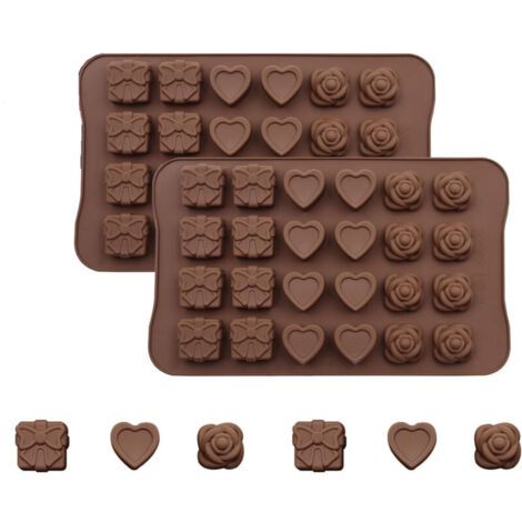Lot de 2 moules en silicone pour chocolat, avec 24 cavités, 3D, pour glaçons, savon pressé à froid, moules en forme de roses et de cœurs, adaptés au bricolage, adaptés aux aliments, souples et faciles (1/5)