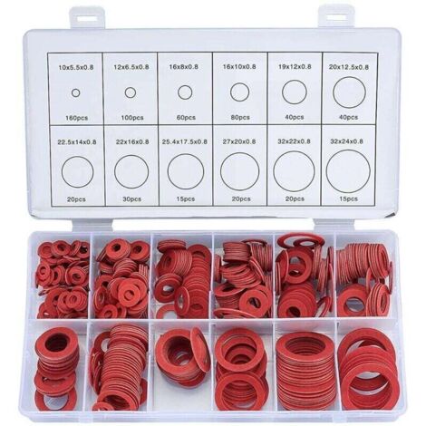 Kit Assortiment 600 Rondelles Fibre Joints Plats 12 Tailles Acier Rouge Papier