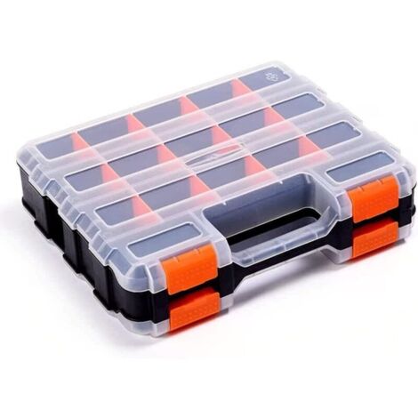 Boîte de rangement à outils double face avec cloison amovible en plastique, boîte de rangement, idéale pour vis, écrous, petites pièces, noir/orange