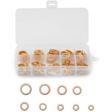 200 Pièces Cuivre Rondelles Metal, Rondelles plates en cuivre Bague d'étanchéité, Joints plats en laiton avec boîte de tri, convient aux fixations à vis (M5/M6/M8/M10/M12/M14) (1/4)