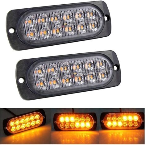 2 Pcs 12 LED orange feu de freinage stroboscopique, 12V-24V Barre lumineuse led 3000K Balise clignotante de sécurité (1/4)