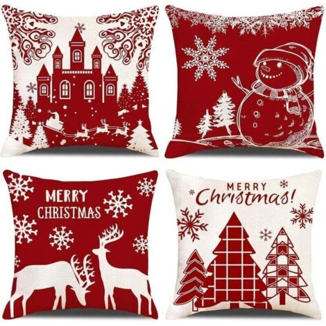 Lot de 4 Housses de Coussin Noël Bonhomme de Beige Rouge Château Modèle Décoratif Canapé Taie d'oreiller Décoration pour Chambre, canapé, Chaise, Voiture, Lit,Jardin 45 x 45 cm (1/4)